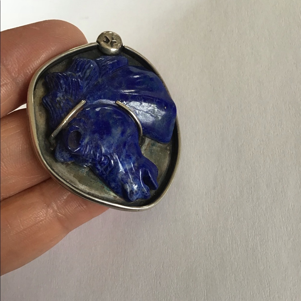 Heavy Sterling Carved Lapis Wild Horse Pendant - Picture 6 of 10